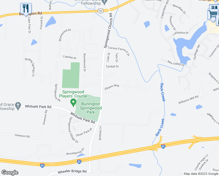map of restaurants, bars, coffee shops, grocery stores, and more near 7317 Ethans Way in Burlington