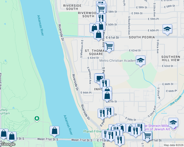 map of restaurants, bars, coffee shops, grocery stores, and more near 6411 South Newport Avenue in Tulsa