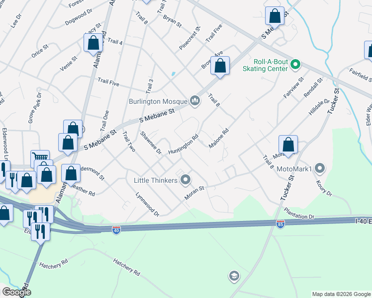 map of restaurants, bars, coffee shops, grocery stores, and more near 2313 Huntington Road in Burlington