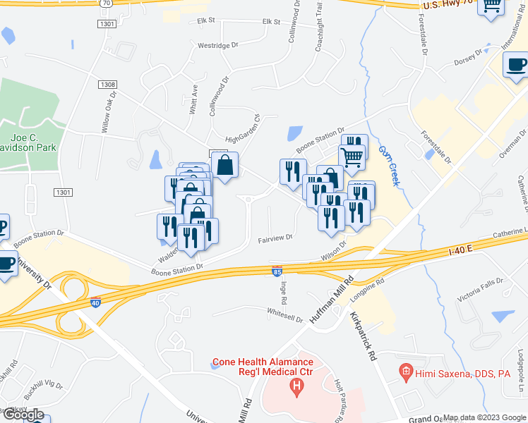 map of restaurants, bars, coffee shops, grocery stores, and more near 1233 Westview Terrace in Burlington