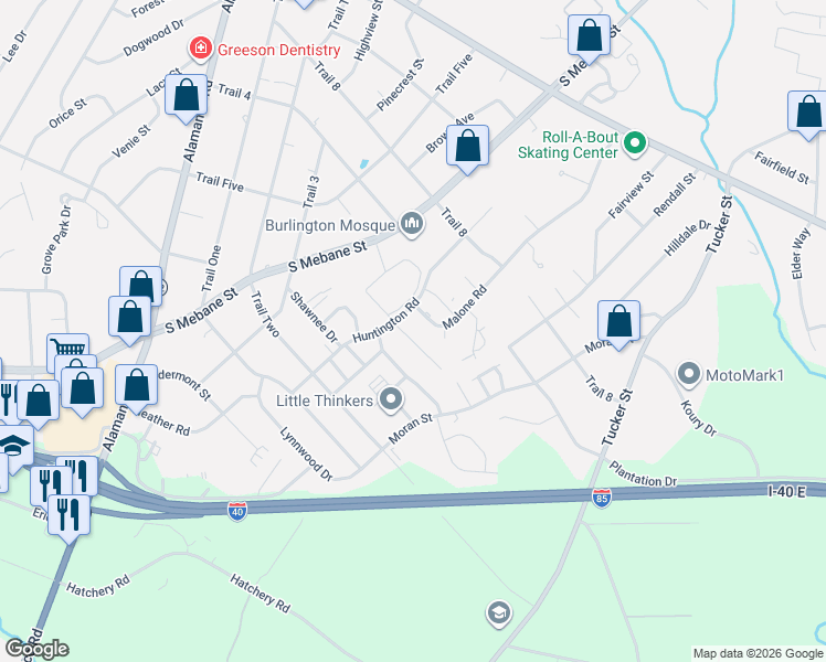 map of restaurants, bars, coffee shops, grocery stores, and more near 2016 Malone Road in Burlington