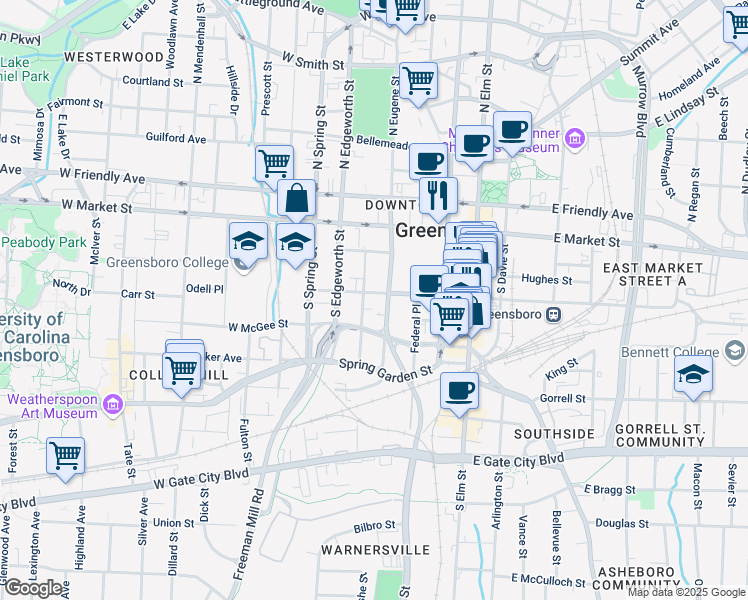 map of restaurants, bars, coffee shops, grocery stores, and more near in Greensboro