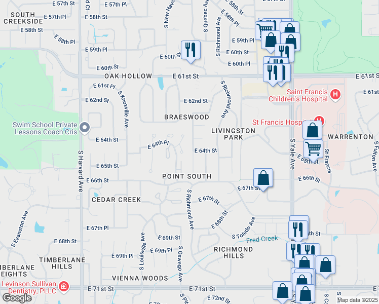 map of restaurants, bars, coffee shops, grocery stores, and more near 6334 South Pittsburg Avenue in Tulsa