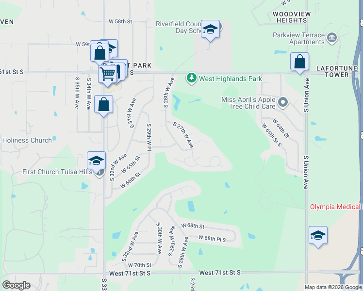 map of restaurants, bars, coffee shops, grocery stores, and more near 6452 South 27th West Avenue in Tulsa