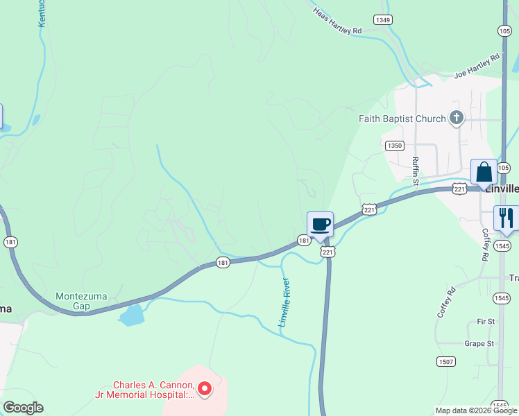 map of restaurants, bars, coffee shops, grocery stores, and more near 290 Henley Lane in Linville