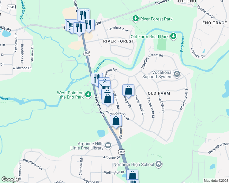 map of restaurants, bars, coffee shops, grocery stores, and more near 15 Old Farm Road in Durham