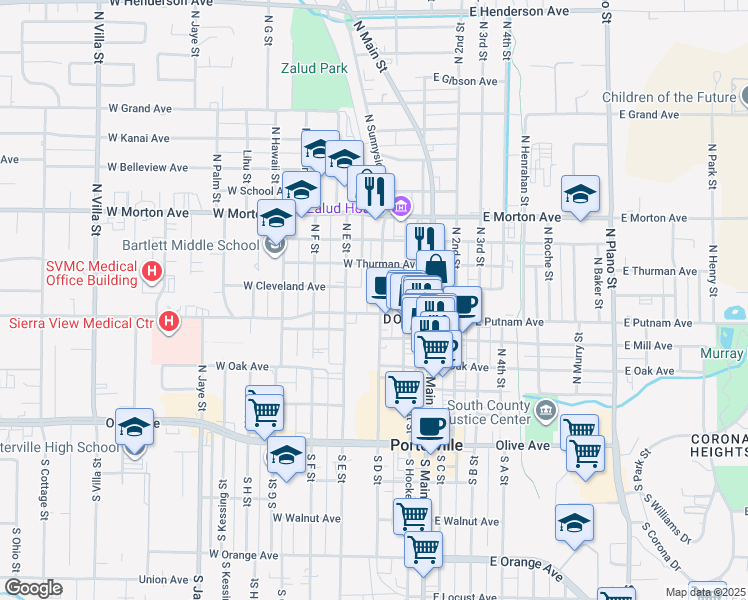 map of restaurants, bars, coffee shops, grocery stores, and more near 257 North D Street in Porterville