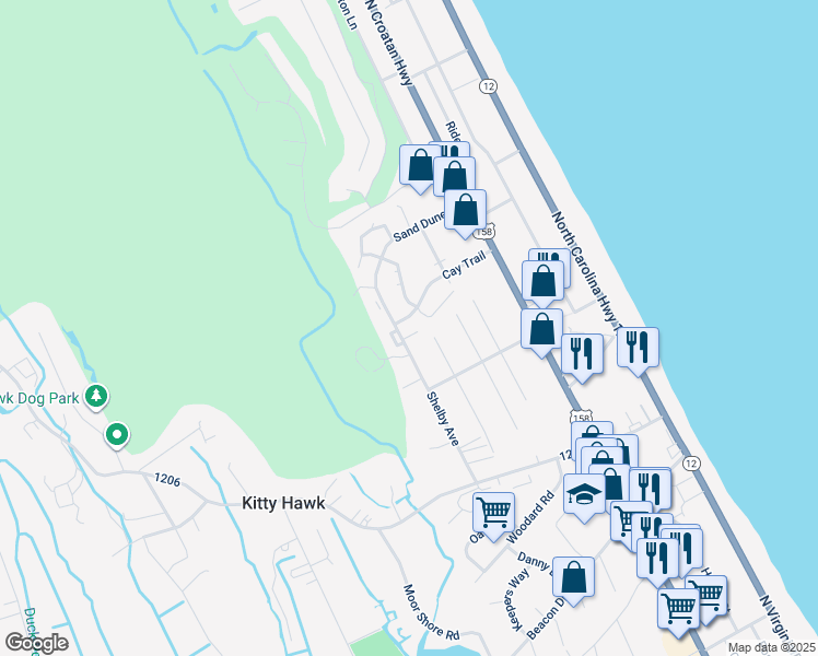 map of restaurants, bars, coffee shops, grocery stores, and more near 3403 Barnacle Lane in Kitty Hawk