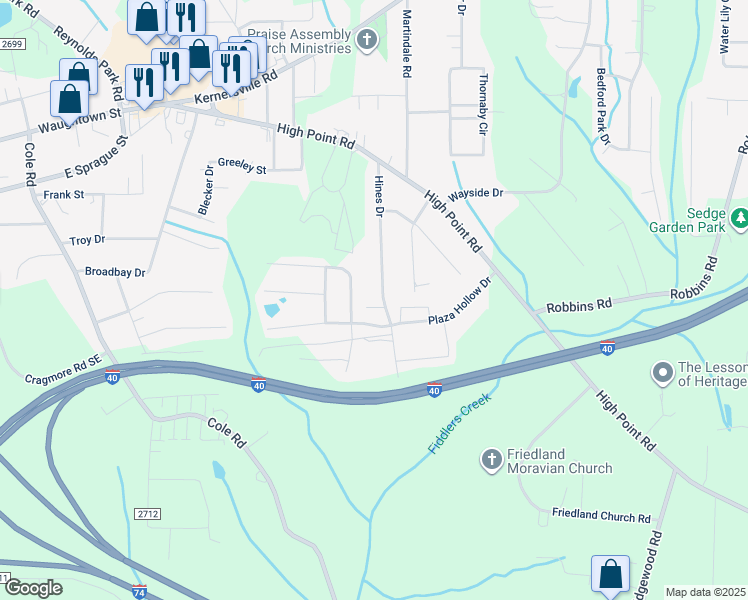 map of restaurants, bars, coffee shops, grocery stores, and more near 170 Hines Drive in Winston-Salem