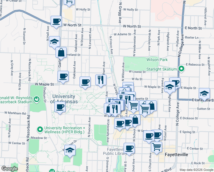 map of restaurants, bars, coffee shops, grocery stores, and more near 1002 West Maple Street in Fayetteville
