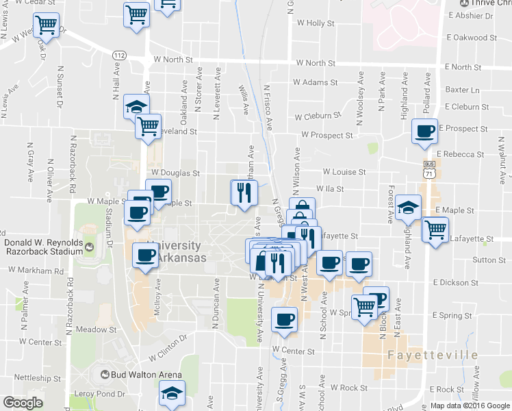 map of restaurants, bars, coffee shops, grocery stores, and more near W Maple St & Arkansas Ave in Fayetteville