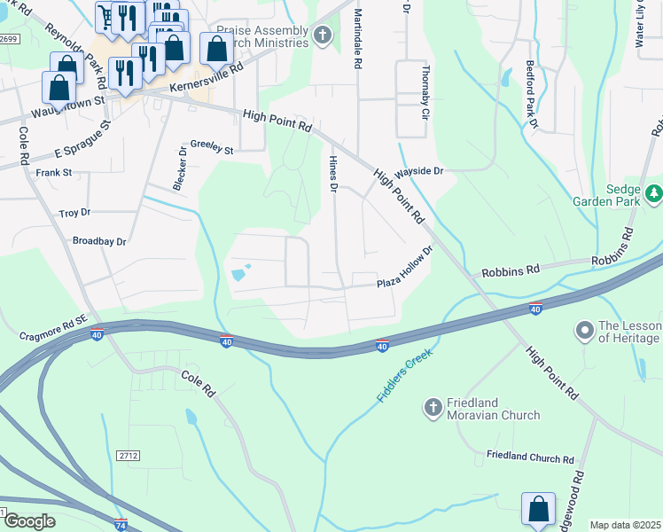 map of restaurants, bars, coffee shops, grocery stores, and more near 170 Hines Drive in Winston-Salem
