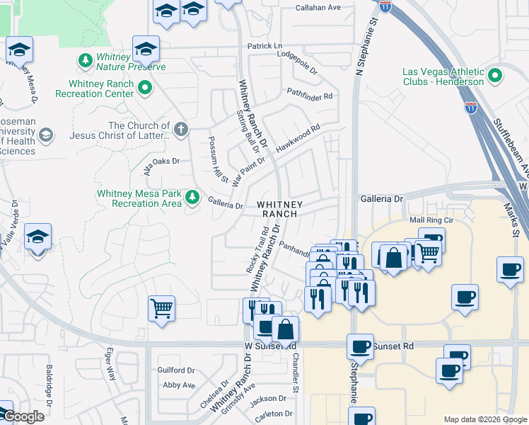 map of restaurants, bars, coffee shops, grocery stores, and more near 802 Seclusion Circle in Henderson
