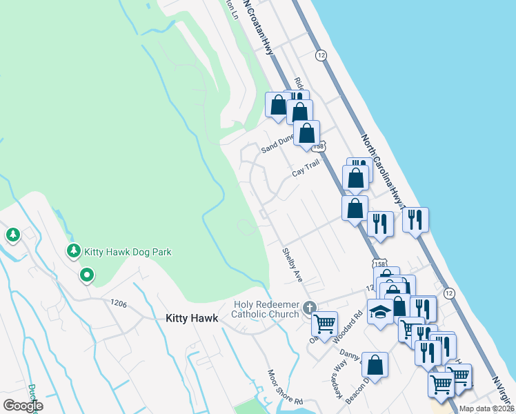 map of restaurants, bars, coffee shops, grocery stores, and more near 3101 Coral Reef Court in Kitty Hawk