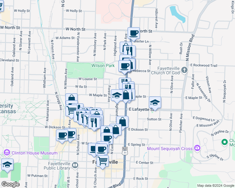 map of restaurants, bars, coffee shops, grocery stores, and more near 508 Highland Avenue in Fayetteville