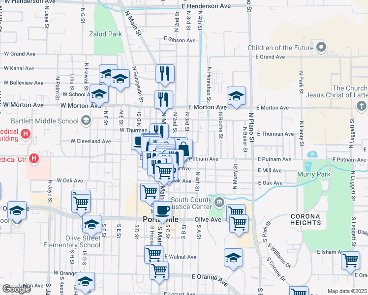 map of restaurants, bars, coffee shops, grocery stores, and more near 263 North 3rd Street in Porterville