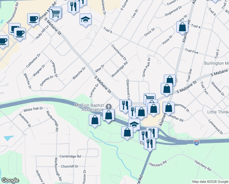 map of restaurants, bars, coffee shops, grocery stores, and more near 3003 South Mebane Street in Burlington
