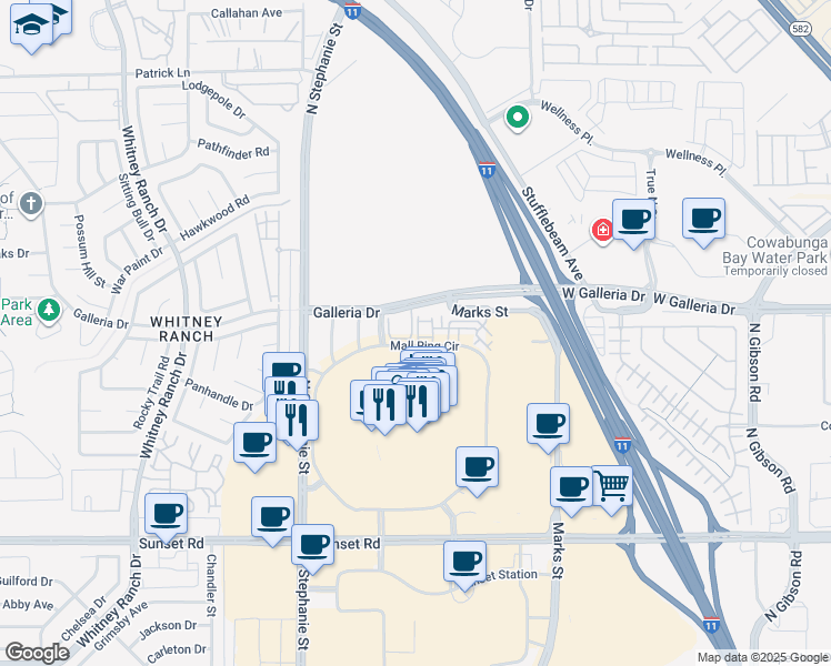 map of restaurants, bars, coffee shops, grocery stores, and more near 1291 Mall Ring Circle in Henderson