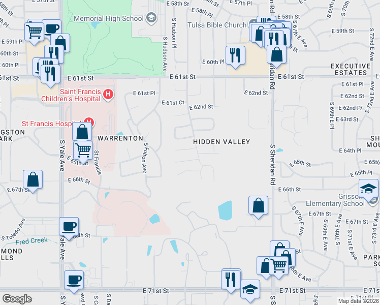 map of restaurants, bars, coffee shops, grocery stores, and more near 5733 East 64th Street in Tulsa