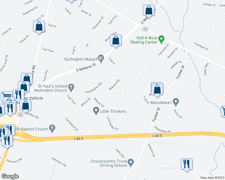 map of restaurants, bars, coffee shops, grocery stores, and more near 1962 Malone Rd in Burlington