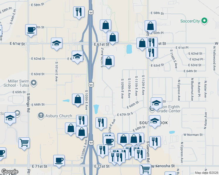 map of restaurants, bars, coffee shops, grocery stores, and more near 8110 South 107th Avenue East in Tulsa
