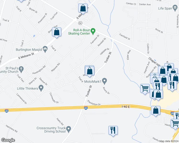 map of restaurants, bars, coffee shops, grocery stores, and more near 2205 Moran Street in Burlington