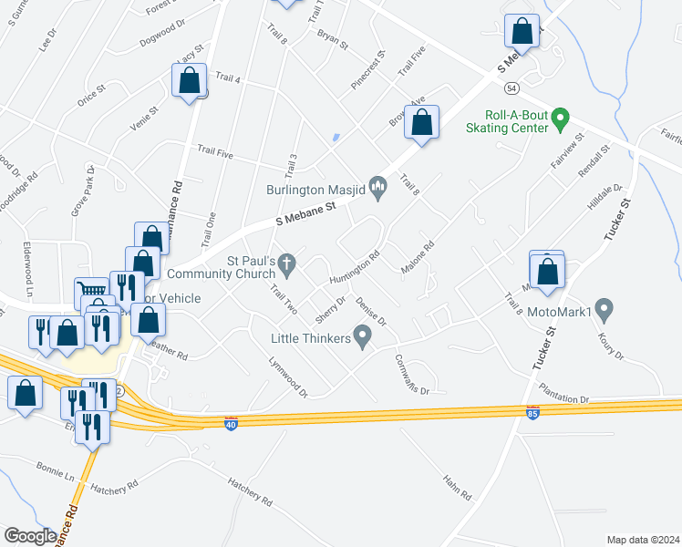 map of restaurants, bars, coffee shops, grocery stores, and more near 2313 Huntington Road in Burlington