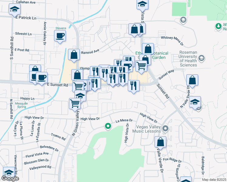 map of restaurants, bars, coffee shops, grocery stores, and more near 4401 East Sunset Road in Henderson