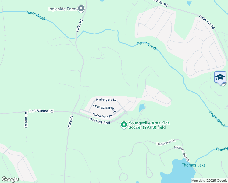map of restaurants, bars, coffee shops, grocery stores, and more near 131 Cedar Creek Lane in Youngsville