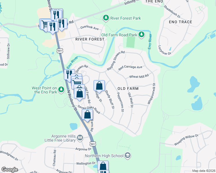 map of restaurants, bars, coffee shops, grocery stores, and more near 5319 Peppercorn Street in Durham