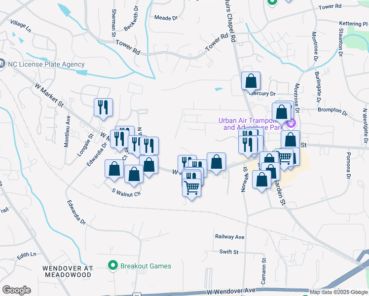 map of restaurants, bars, coffee shops, grocery stores, and more near 124 Thornton Court in Greensboro
