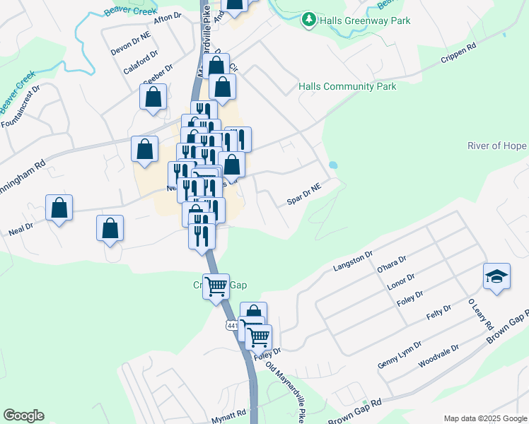 map of restaurants, bars, coffee shops, grocery stores, and more near 6809 Adrian Road in Knoxville