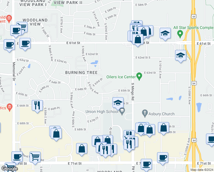 map of restaurants, bars, coffee shops, grocery stores, and more near 9305 East 64th Street in Tulsa