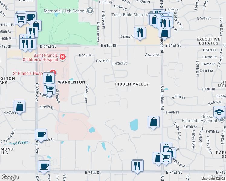 map of restaurants, bars, coffee shops, grocery stores, and more near 5733 East 64th Street in Tulsa