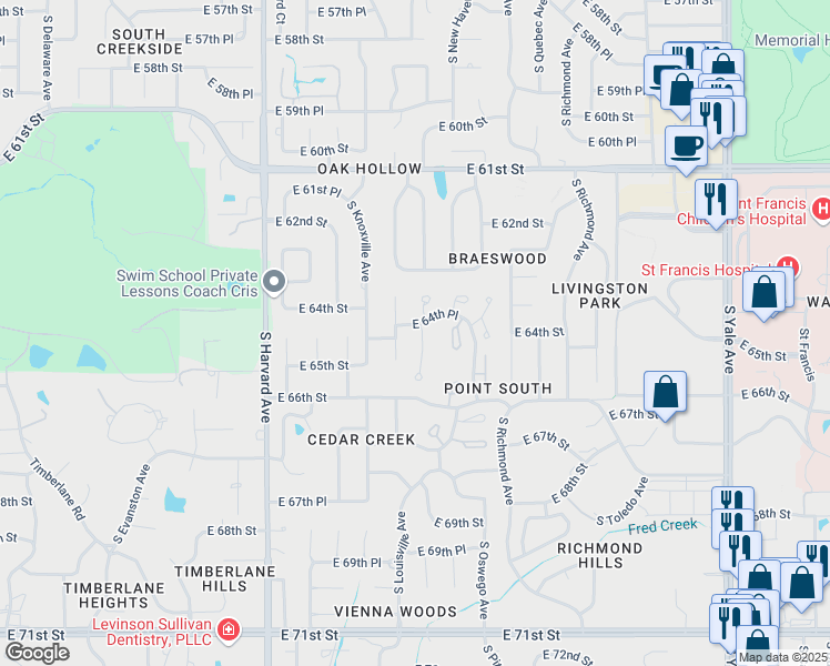 map of restaurants, bars, coffee shops, grocery stores, and more near 3716 East 64th Place in Tulsa