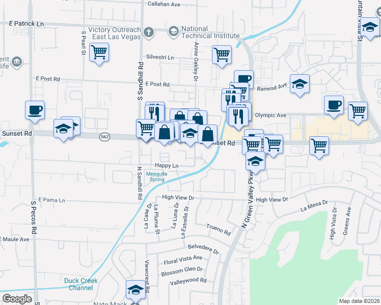 map of restaurants, bars, coffee shops, grocery stores, and more near 3995 East Sunset Road in Las Vegas