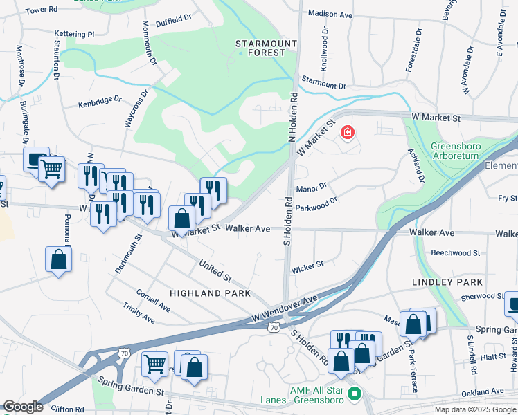 map of restaurants, bars, coffee shops, grocery stores, and more near 3817 West Market Street in Greensboro