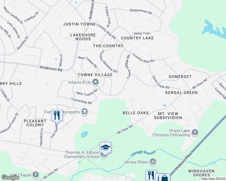 map of restaurants, bars, coffee shops, grocery stores, and more near 3344 Towne Ridge Drive in Nashville