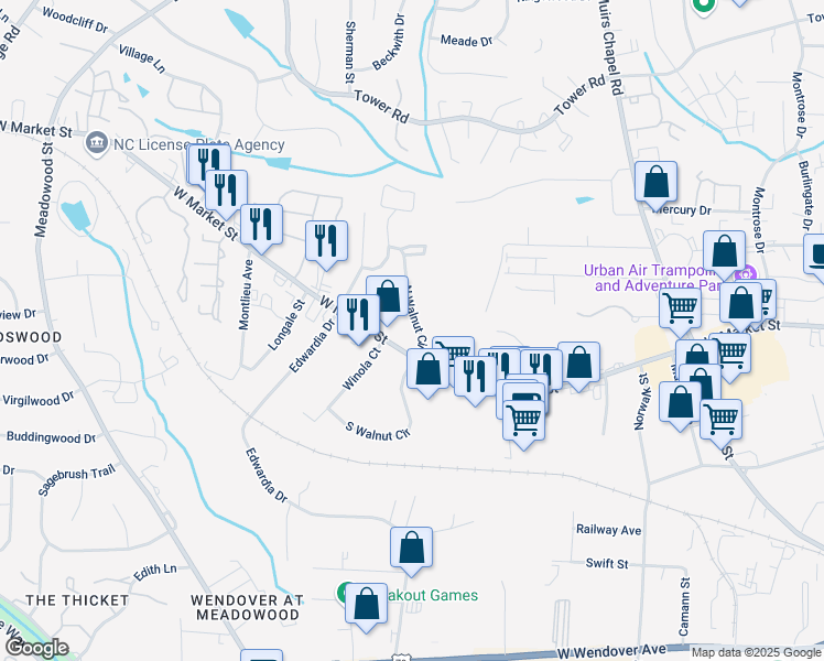 map of restaurants, bars, coffee shops, grocery stores, and more near 109 North Walnut Circle in Greensboro