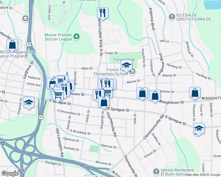 map of restaurants, bars, coffee shops, grocery stores, and more near 2034 Bertha Street in Winston-Salem
