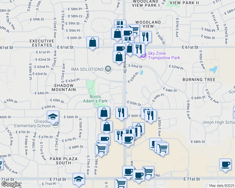 map of restaurants, bars, coffee shops, grocery stores, and more near 6510E South Memorial Drive in Tulsa