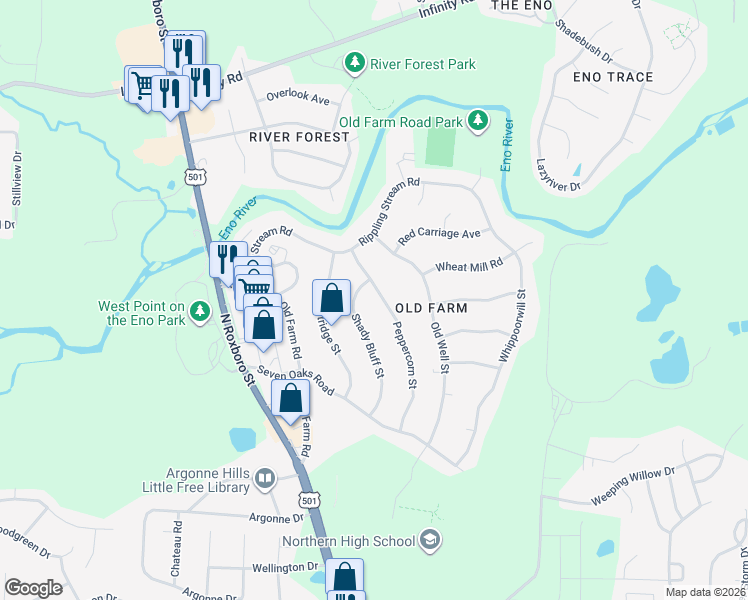 map of restaurants, bars, coffee shops, grocery stores, and more near 5319 Peppercorn Street in Durham