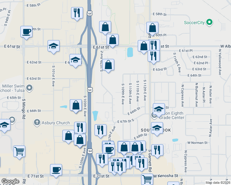 map of restaurants, bars, coffee shops, grocery stores, and more near 10703 East 65th Street in Tulsa