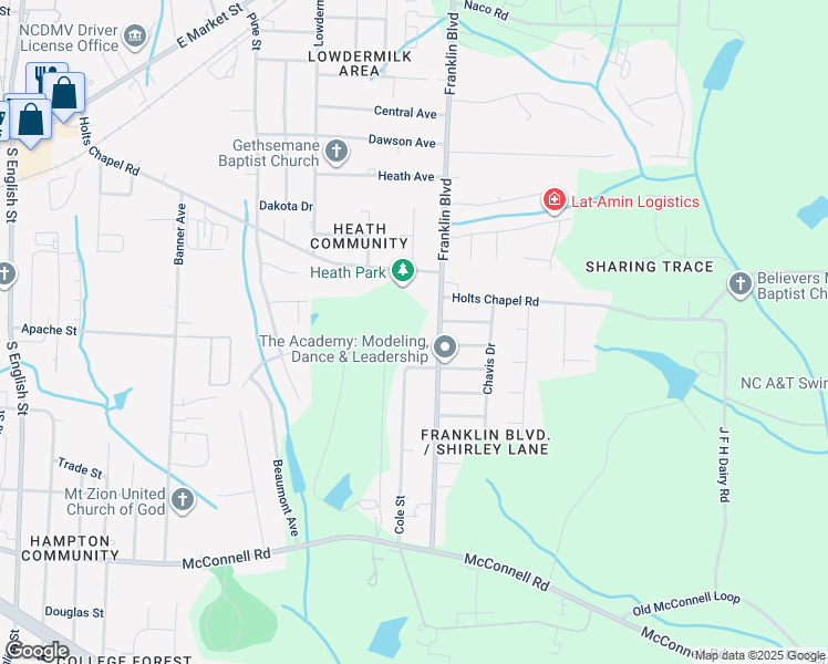 map of restaurants, bars, coffee shops, grocery stores, and more near 614 Franklin Boulevard in Greensboro