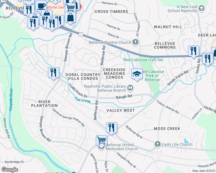 map of restaurants, bars, coffee shops, grocery stores, and more near 7424 Birkdale Place in Nashville