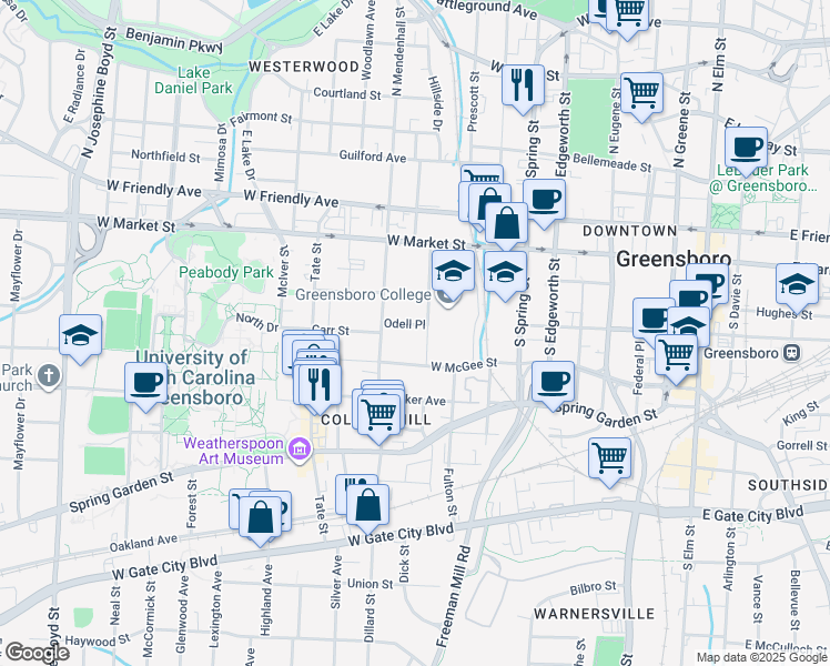 map of restaurants, bars, coffee shops, grocery stores, and more near 208 College Place in Greensboro