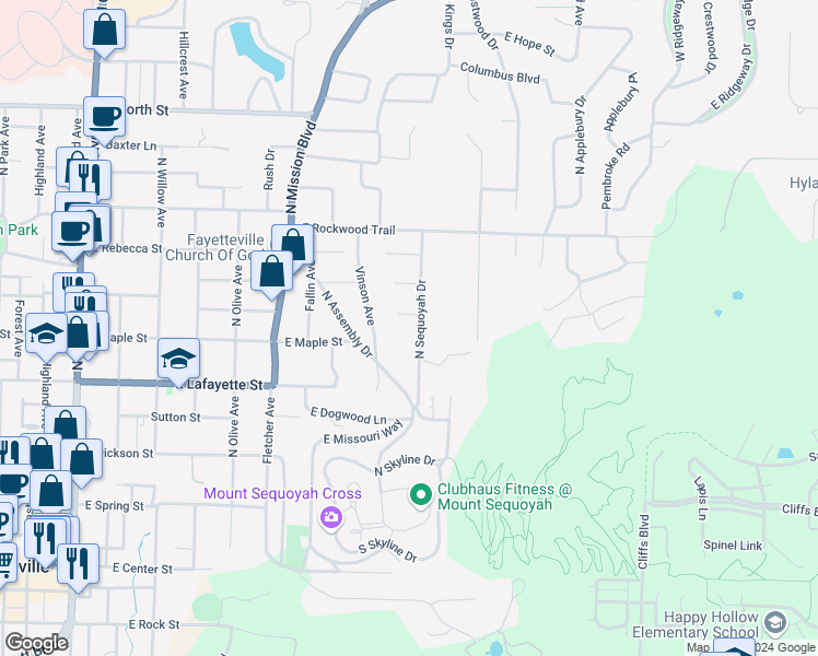 map of restaurants, bars, coffee shops, grocery stores, and more near 531 North Sequoyah Drive in Fayetteville
