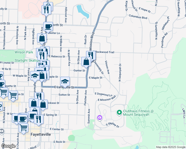 map of restaurants, bars, coffee shops, grocery stores, and more near 517 Fallin Avenue in Fayetteville