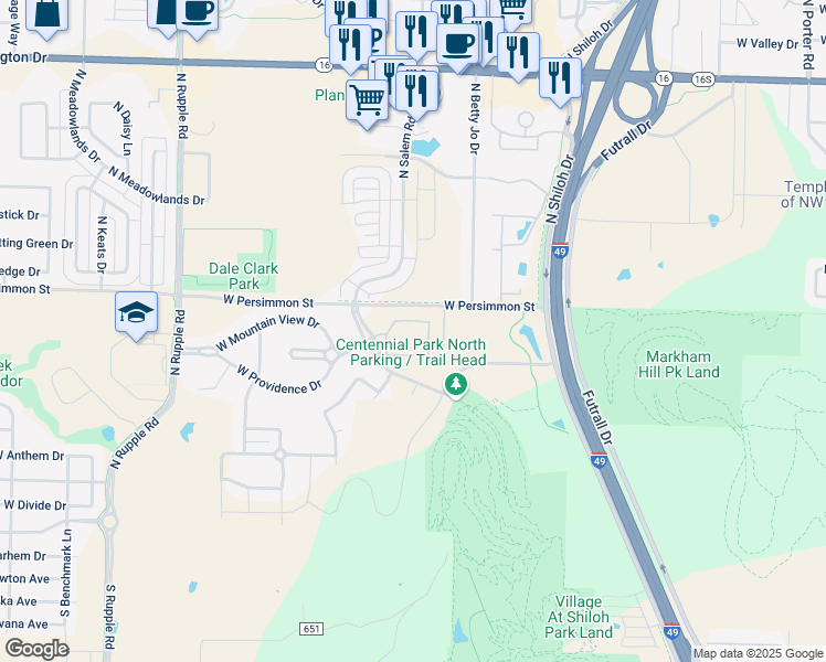 map of restaurants, bars, coffee shops, grocery stores, and more near 549 North Coral Canyon Loop in Fayetteville
