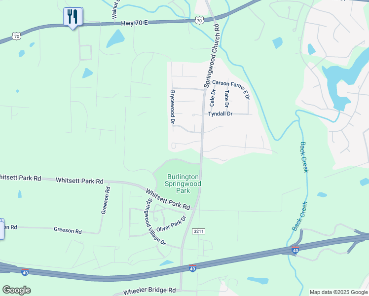 map of restaurants, bars, coffee shops, grocery stores, and more near 7213 Olmstead Drive in Burlington